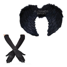 Set Angel Negro/blanco Alas Plumas + Guantes